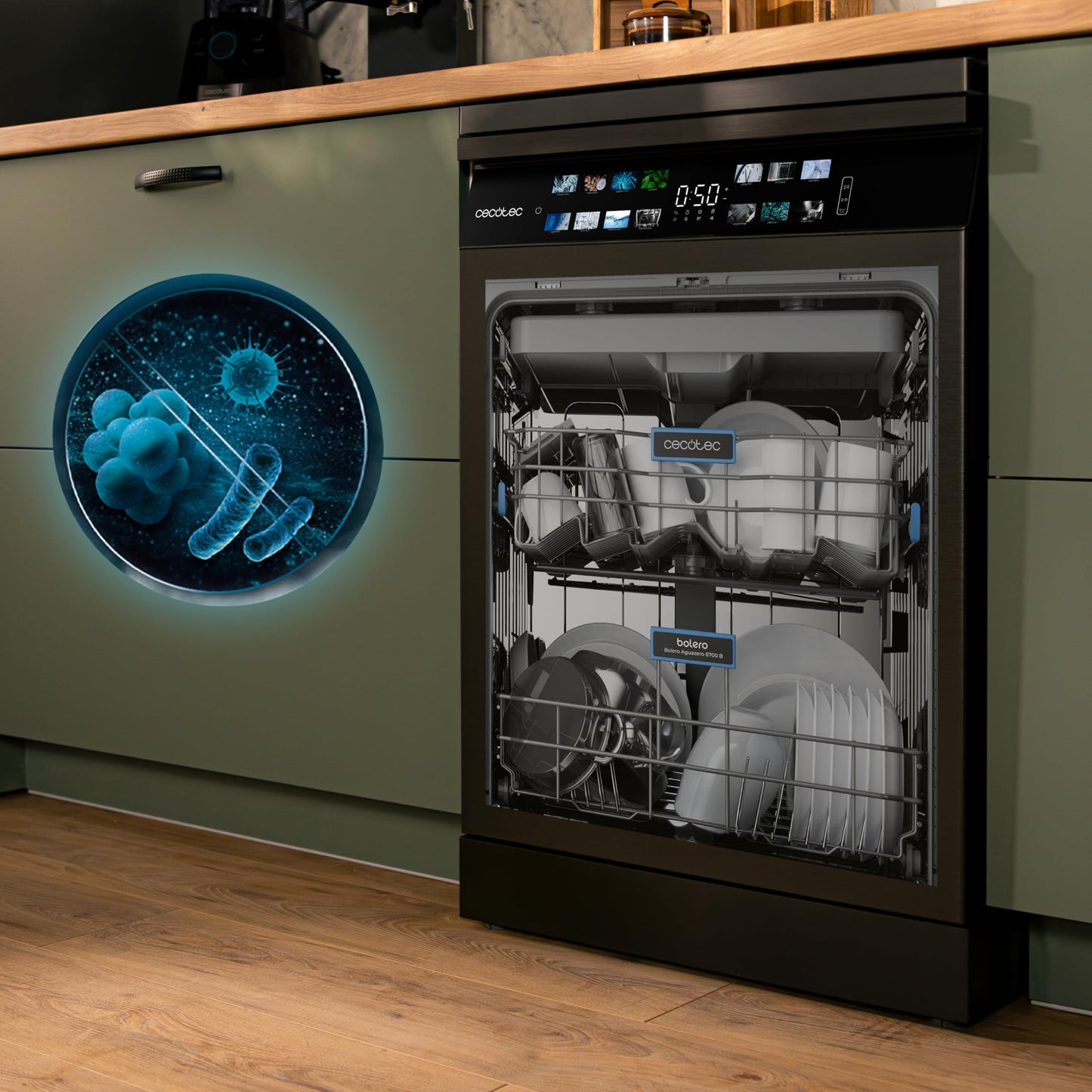 Cecotec Lave-vaisselle 60cm Bolero Aguazero 6700 Dark B Lave-vaisselle foncé, 15 couverts, Classe B, Moteur Inverter Plus, O2 Dry, Lavage Double Zone,
