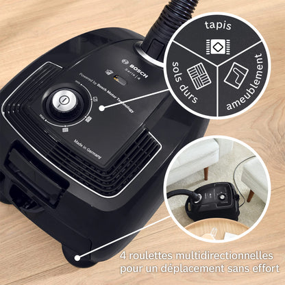 Bosch Electroménager Série 4, BGL38BA2H, aspirateur traîneau avec Sac, Compact et léger, Sac à poussière XL 4L, Filtre hygiénique PureAir Lavable, Rayon d'action 10 m, Noir
