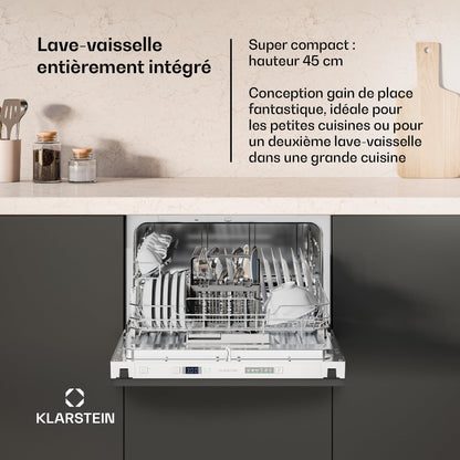 Klarstein Lave Vaisselle Encastrable - Compact 45 cm, 6 Couverts, Programme UV Hygiène, AquaStop Sécurité, Classe Énergie D, Silencieux 47 dB, Commande Intuitive