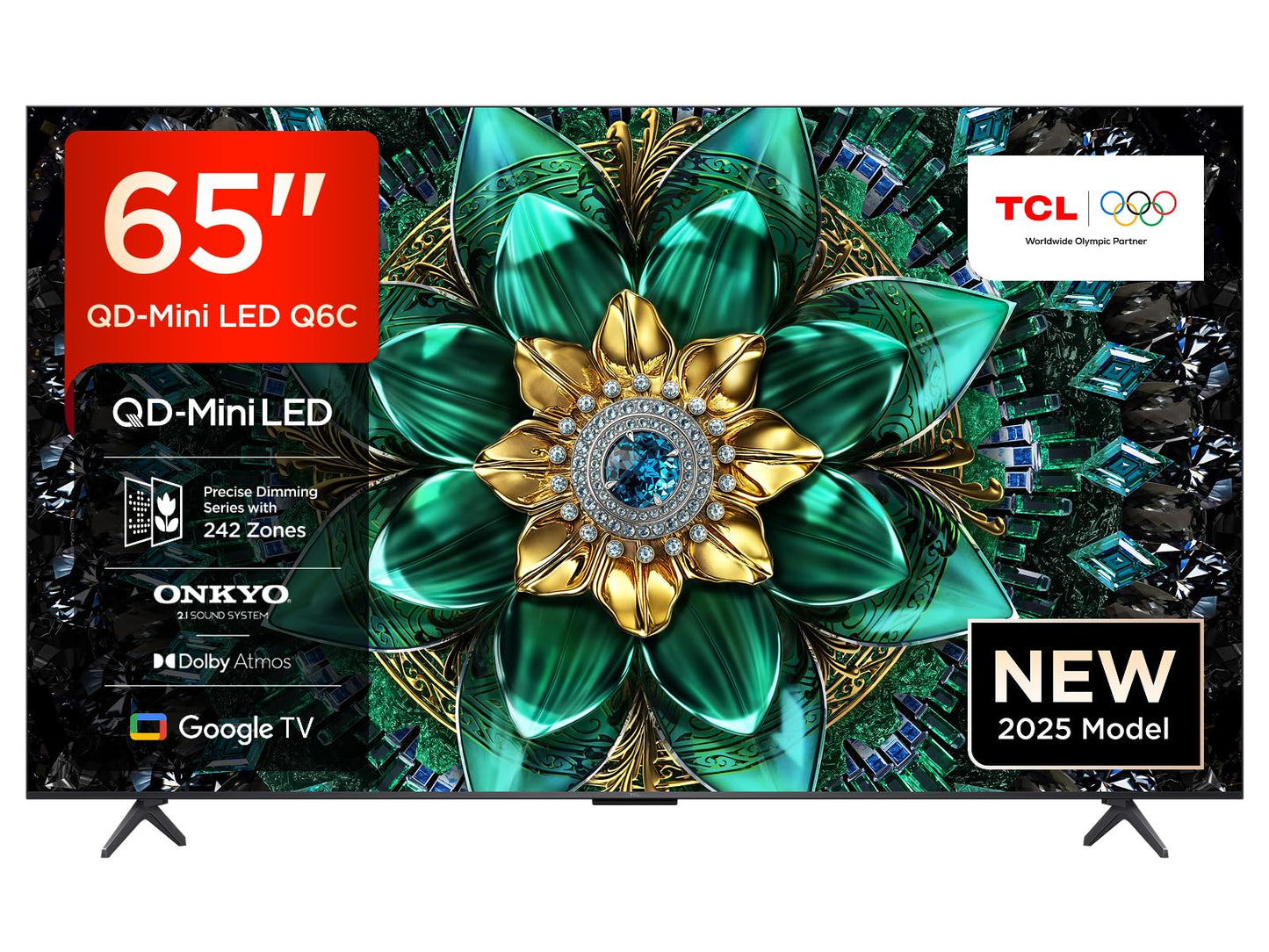 TCL 65Q6C QD-Mini LED TV, 4K HDR Premium 1000nits, Smart TV alimenté par Google (Dolby Vision IQ et Atmos, système Audio Onkyo 2.1, Motion Clarity Pro 144Hz, contrôle Vocal Mains Libres)