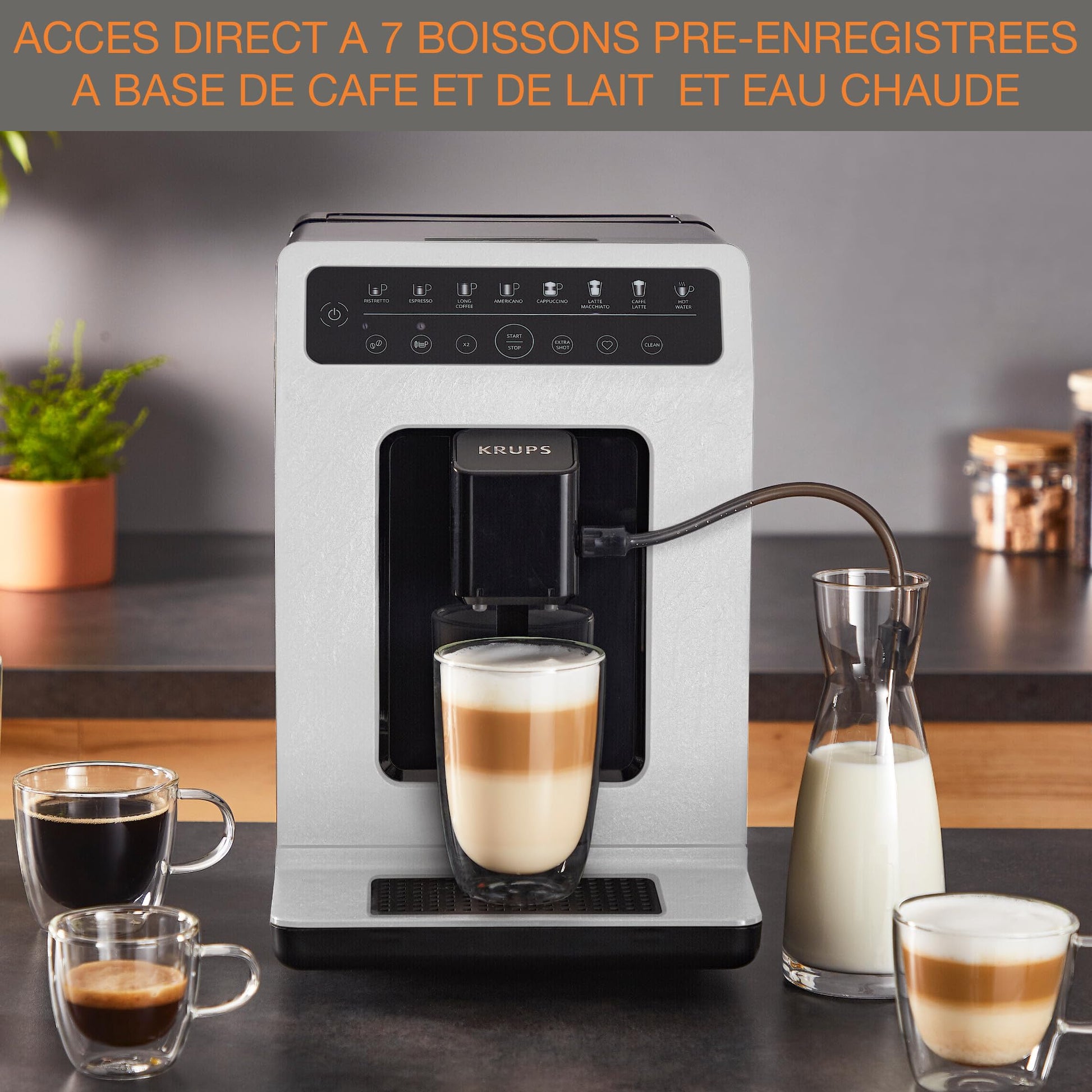 Machine cappuccino et expresso automatique KRUPS Evidence Eco-Design, goût exceptionnel, Quattro Force, boissons à base de lait grâce au système One-Touch, 8boissons préréglées, EA897A