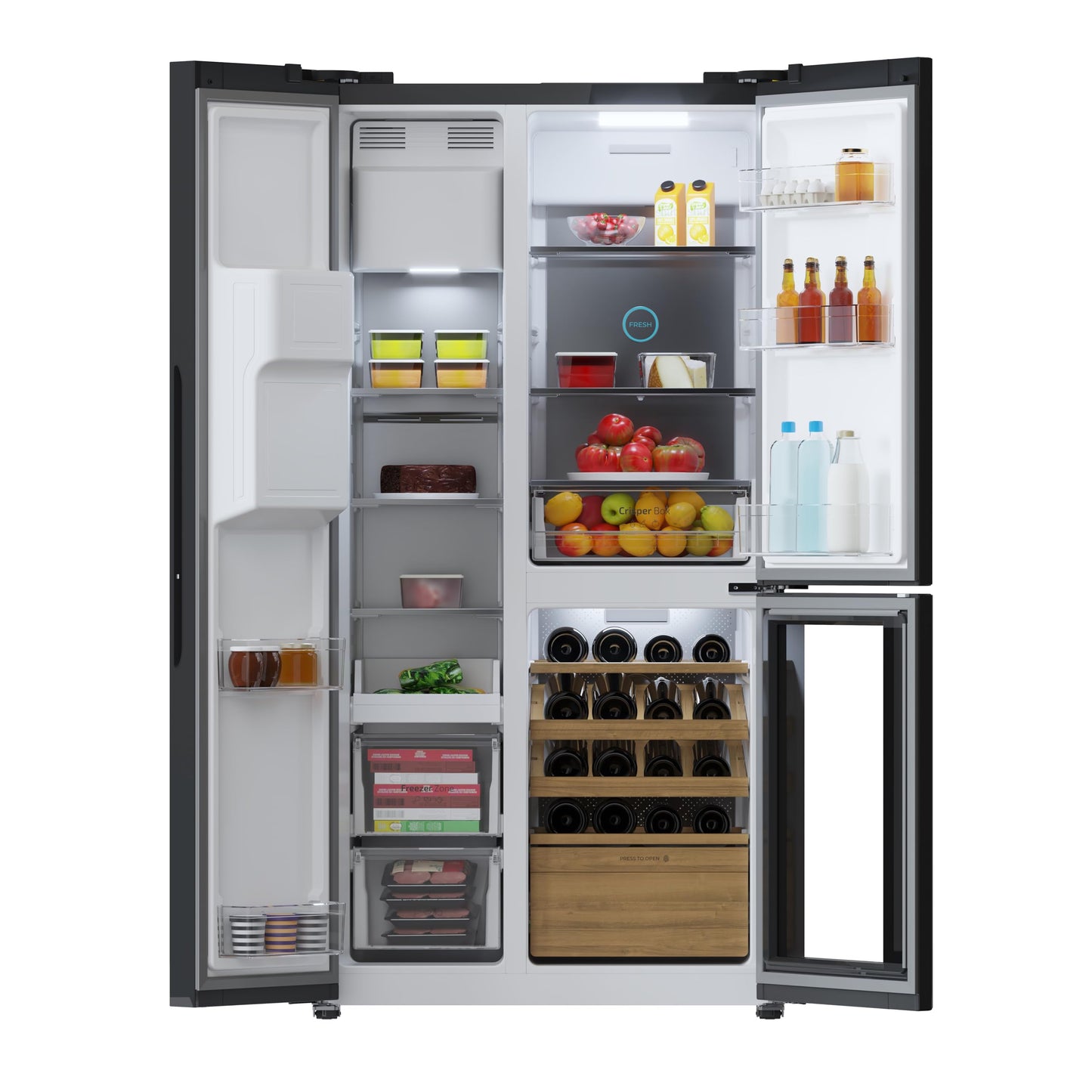 Cecotec Réfrigérateur avec 3 portes Bolero CoolMarket TDW 529 WID Black Glass E. Réfrigérateur 3 portes noir, cave à vin, 529L, Inverter Plus, Total No Frost, E, MultiAirFlow, Fast Cooling.