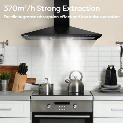 Ciarra CBCB9201 Hotte Aspirante 90 cm - Classe A++ - 370m³/h - 3 Vitesses - Recyclage ou Evacuation - Cheminée Extensible - Filtres à Charbon INCLUS - Noir