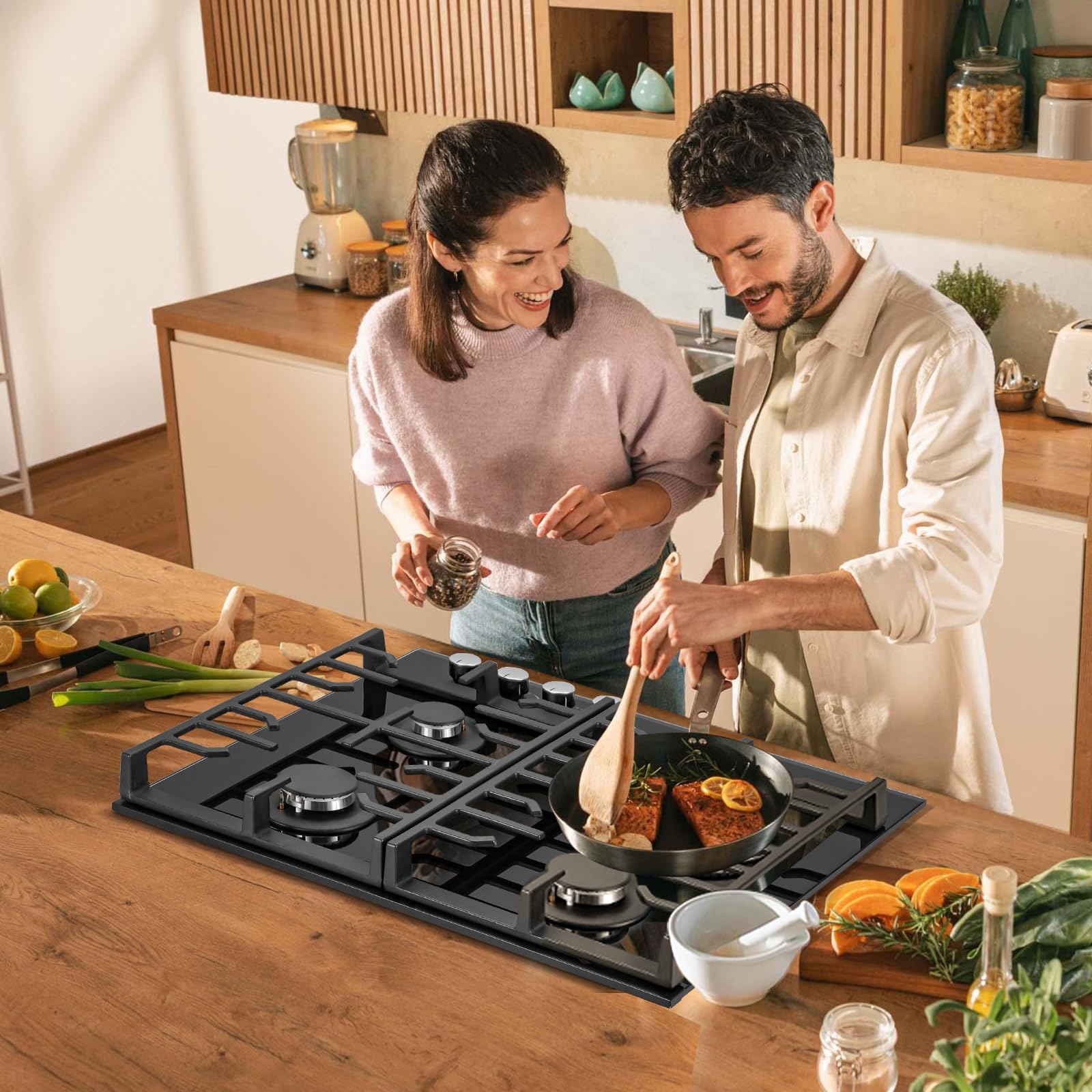 TopStrong Plaque de Cuisson Gaz 4 Feux, 60cm Plaque Gaz 4 Feux avec Supports en Fonte, Encastrable Table de Cuisson, Convertible NG/LPG, Protection Contre la Flamme, Noir Verre